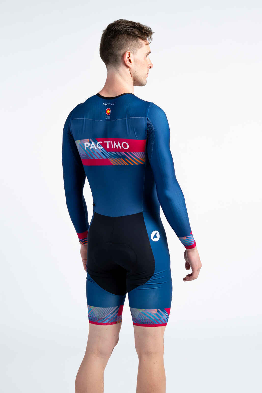 Men's Custom Cycling Skinsuit - Long Sleeve Back View #color-options_black-rise