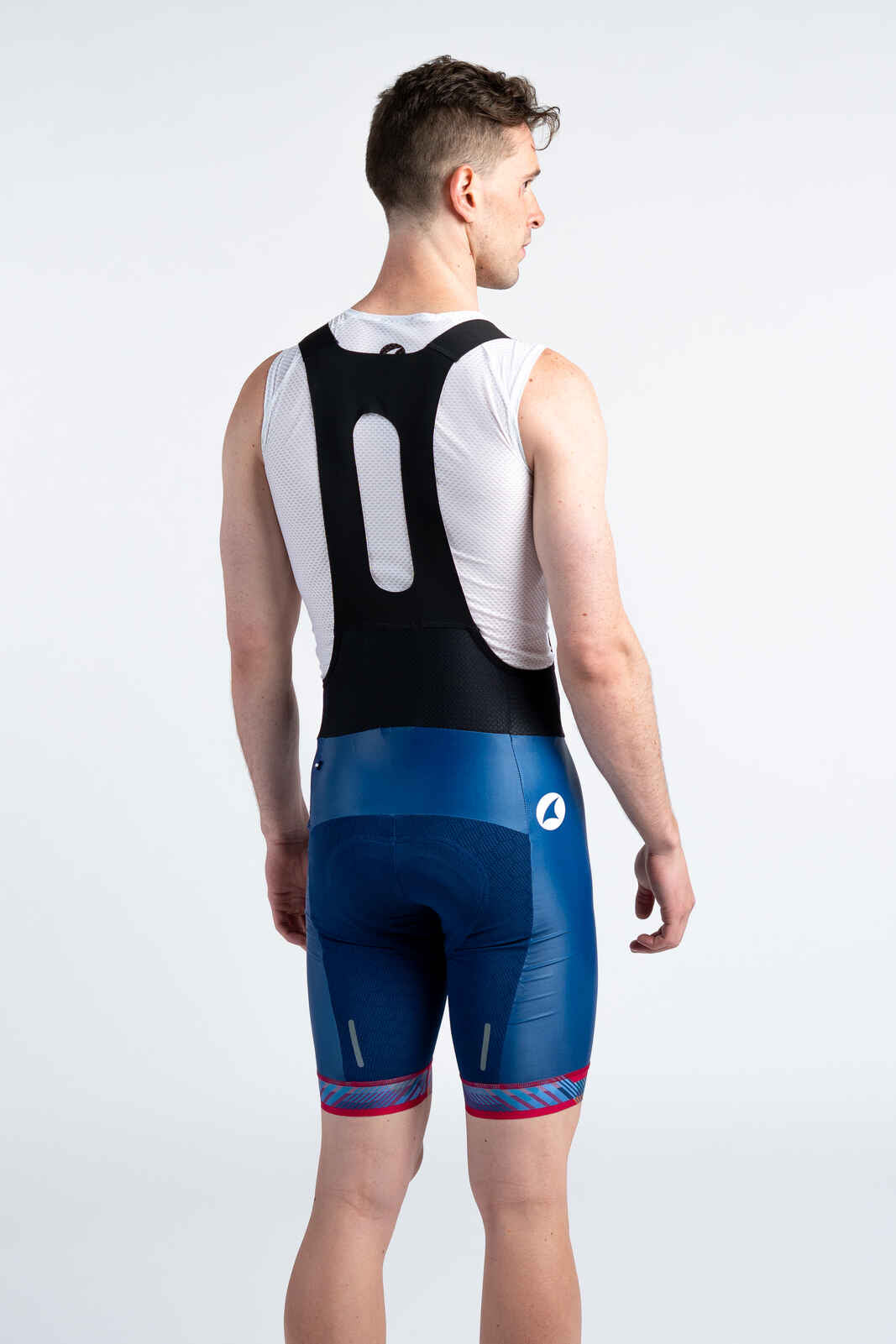 Men's Custom Cycling Bibs - Navy Blue Rise Summit Stratos Force Back View #color_navy