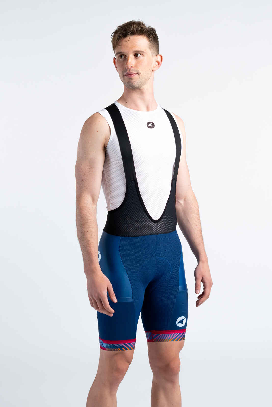 Men's Custom Cargo Cycling Bibs Shorts - Navy Blue Rise - Summit Stratos 12-Hour Range Front View