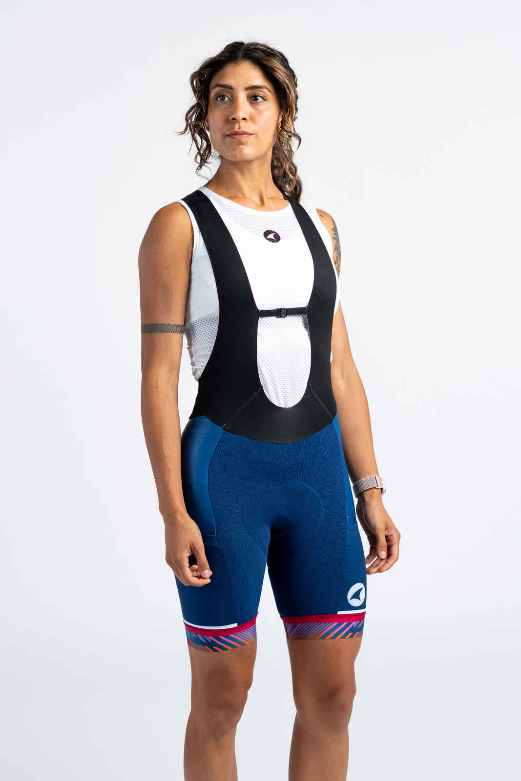 Women's Custom Cargo Cycling Bibs - Navy Rise - Summit Stratos Range Front View