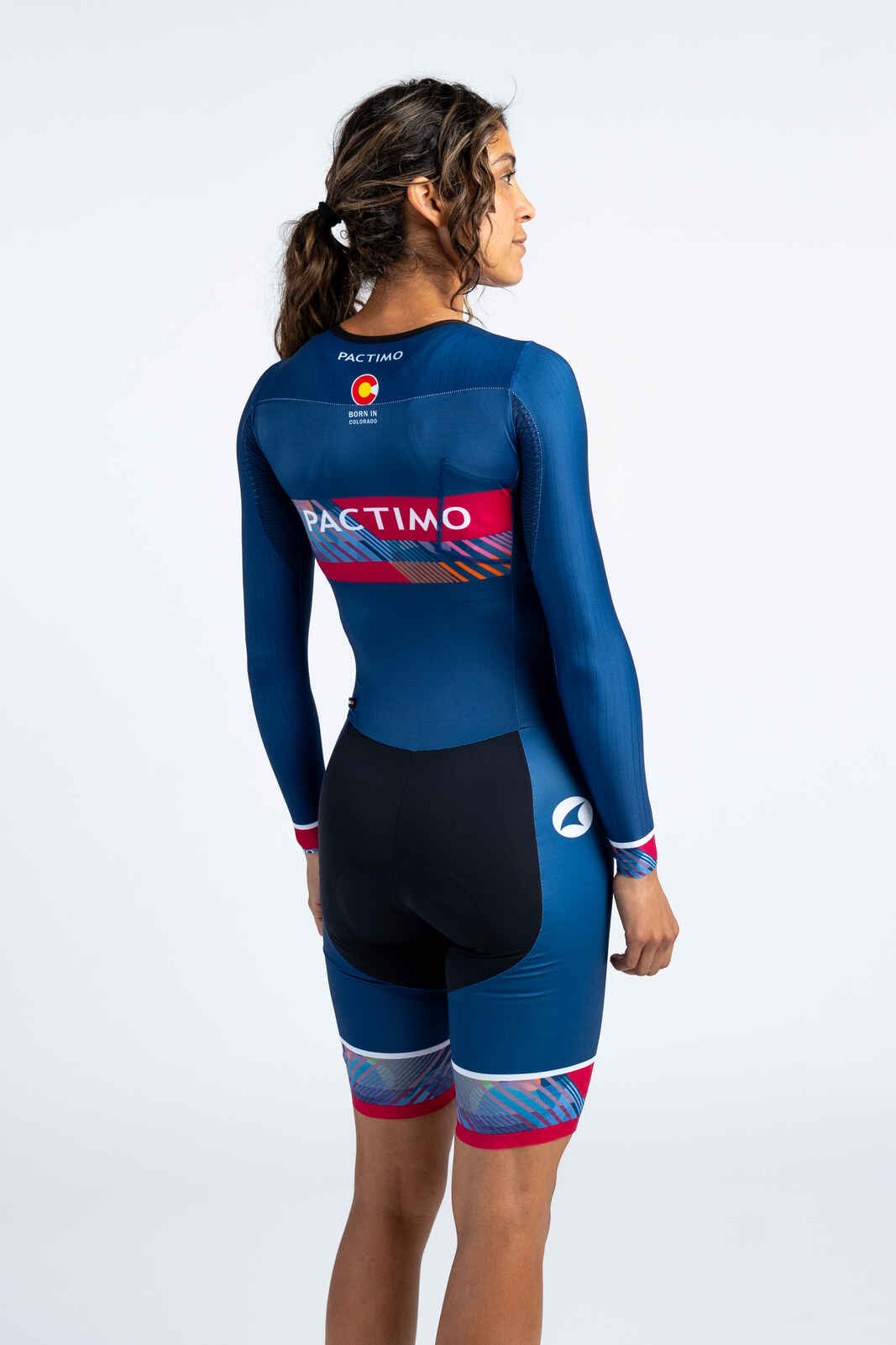 Women's Custom Cycling Skinsuit - Long Sleeve Back View #color-options_black-rise